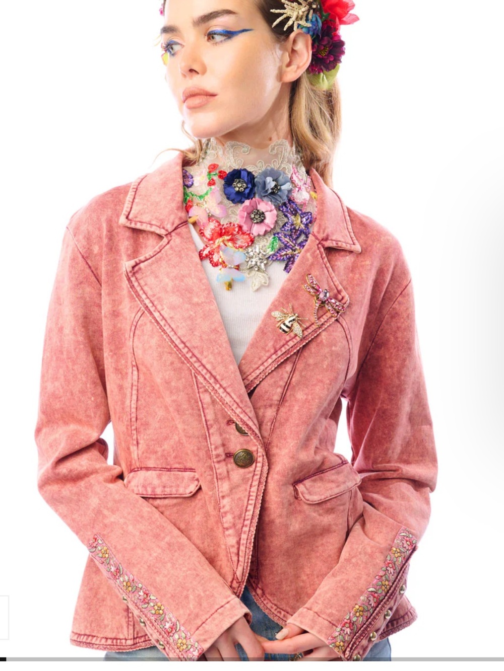 987. New Aratta  Colonel Pink Embroidered Denim Jacket with Floral Trim $218